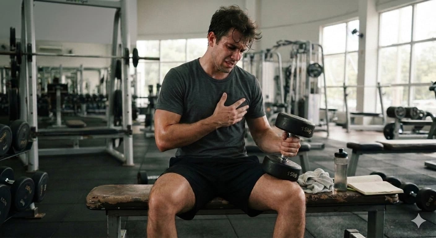 mulher concentrada realizando exercício de musculação na academia